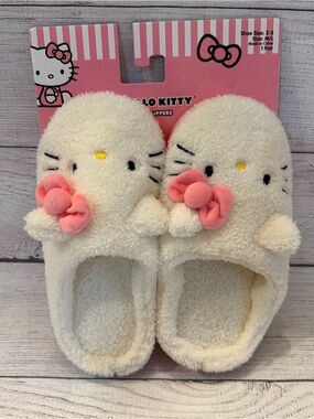 Ty Plush Cream and Pink Hello Kitty Bow Slippers